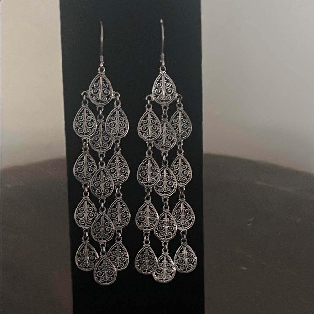 Silver Cascading Teardrop Earrings LONG and NWOT Sterling Silver filigree style